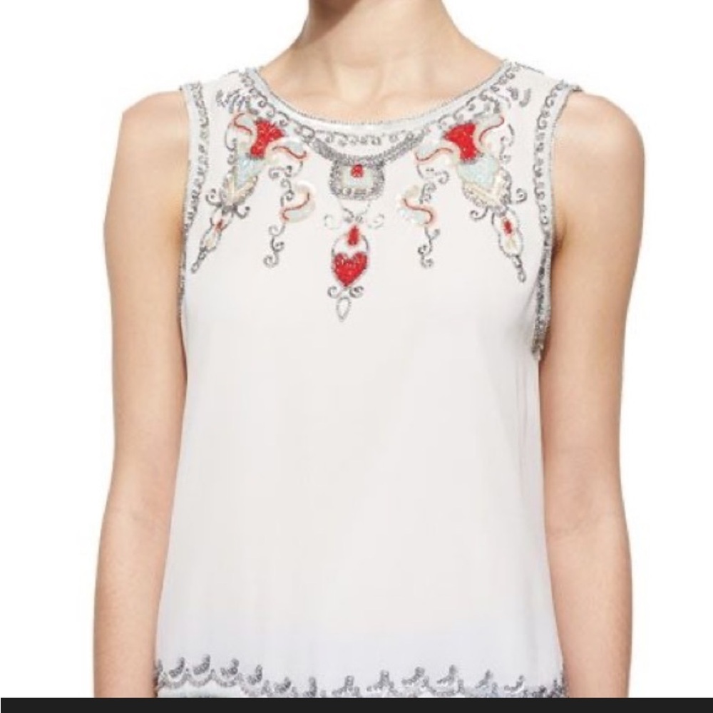Alice + Olivia 100 % silk‎ White and Red Embellished beaded Blouse fairy